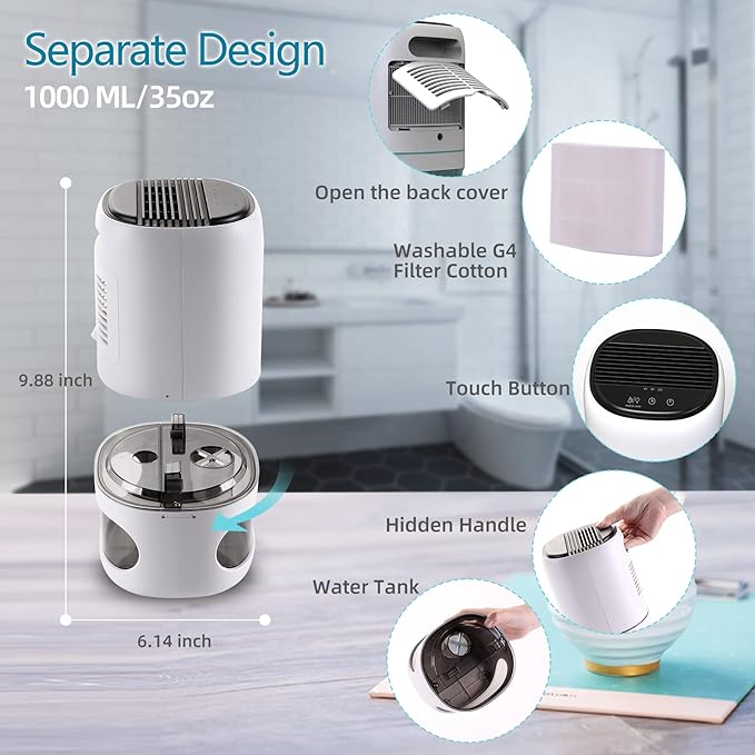 Small Dehumidifiers for Bedroom w/Air Purifying Function, 1000 ml/35 oz for 2500 Cubic Feet (260 sq ft) with 7 Colorful LED Lights Timer Set Negative Ions Below 30 dB, Auto Shut-Down - Image 4