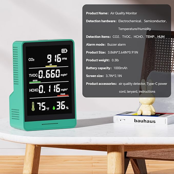 5-in-1 Professional Indoor Air Quality Monitor Indoor Portable CO2 Monitor | Temperature | Formaldehyde Detector | Humidity TVOC | Air Quality Tester - Confined Space Clean Air Monitor (Grass Green) - Image 3