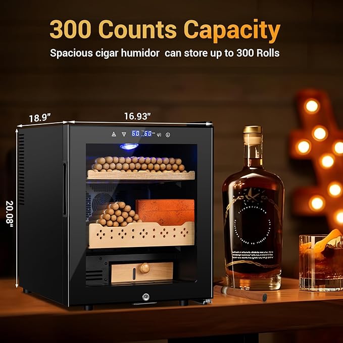 Electric Humidor for Cigars, 50L 300 Counts Large Capacity, Thermostatic Electric Cigar Cooler Cabinet with Spanish Cedar Wood Shelves, Digital LED Screen, Smart Humidity & Temp Control, Gifts for Men - Image 4
