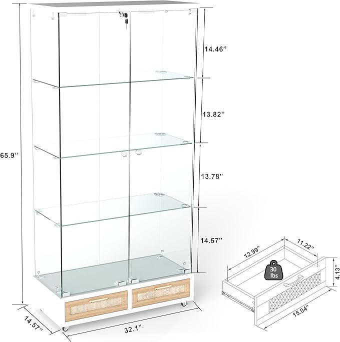 Yoluckea 4-Tier Glass Display Cabinet with LED Lighting and 2 Drawers, 2-Door Floor Standing Curio Cabinet with Wheel for Home, Office, Corner Display, White Glass Bookshelf for Collections and Decor - Image 2