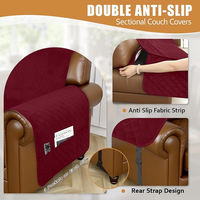 Arfntevss Waterproof Sectional Couch Covers L Shape Washable Velvet Sofa Cover for Sectional Non Slip Large Corner Slipcovers Dog 6 Pcs Universal U Shaped Furniture Protector (Wine Red, XX-Large) - Image 4