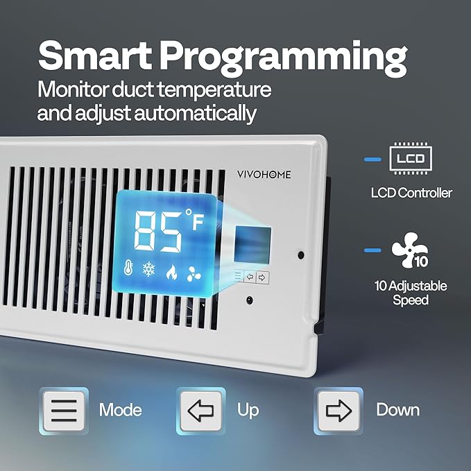 VIVOHOME 4"x10" Opening Smart Vent Register Booster Fan with Intelligent Thermostat & 10-Speed Remote Control - 11.4" x 5.5‘’ Vent Cover for Room, Floor, Wall - White - Image 4