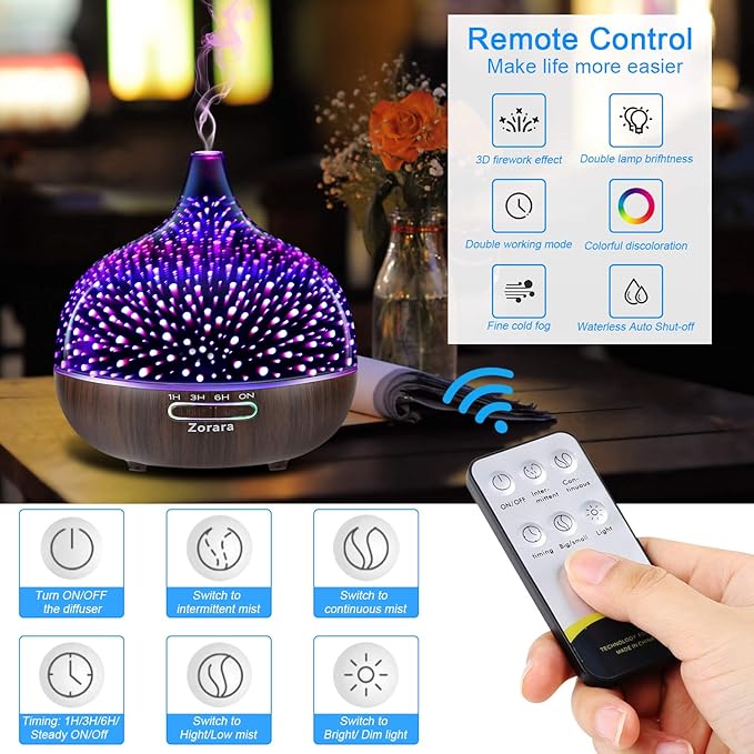 Essential Oil Diffuser 550ml Cool Mist Humidifier 3D Glass Ultrasonic Aromatherapy Humidifier with 7 Color Changing Led Lights, Waterless Auto Shut-Off, Adjustable Timer for Home Bedroom Office - Image 4