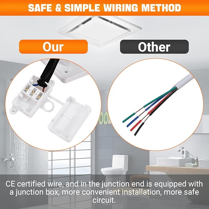 FEITON Square Bathroom Exhaust Fan with LED Light, Adjustable Color Temperature(3000K/4500K/6000K), 110 CFM 30W 4 Inch Duct, 110-220V 1.0 Sones Quiet Bathroom Ventilation Fan Light Combo Ceiling Mount - Image 3