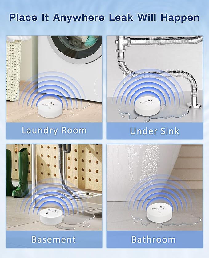 Geevon 4 Pack Water Leak Detectors, 100dB Water Sensor Alarms Flood Detector for Basements, Bathrooms, Laundry Rooms, Kitchens, Garages, and Attics, Water Alarms Battery-Operated (Battery Included) - Image 3
