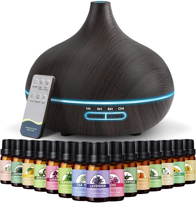 SACATR 550ml Aromatherapy Diffuser with 15x10mL Essential Oils, Ultrasonic Technology, Remote Control for Home Office by SACATR