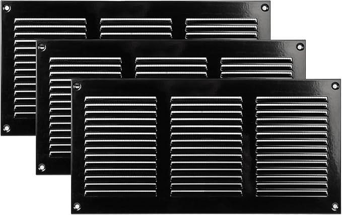 Vent Systems 12" x 6" Inch (Overall) Scratch Resistant Black Metal Vent Cover - 3 Pack - Louvered Duct Grille with Built-in Mesh Screen - Wall or Ceiling HVAC Ventilation Register for Indoor & Outdoor by VentSystems