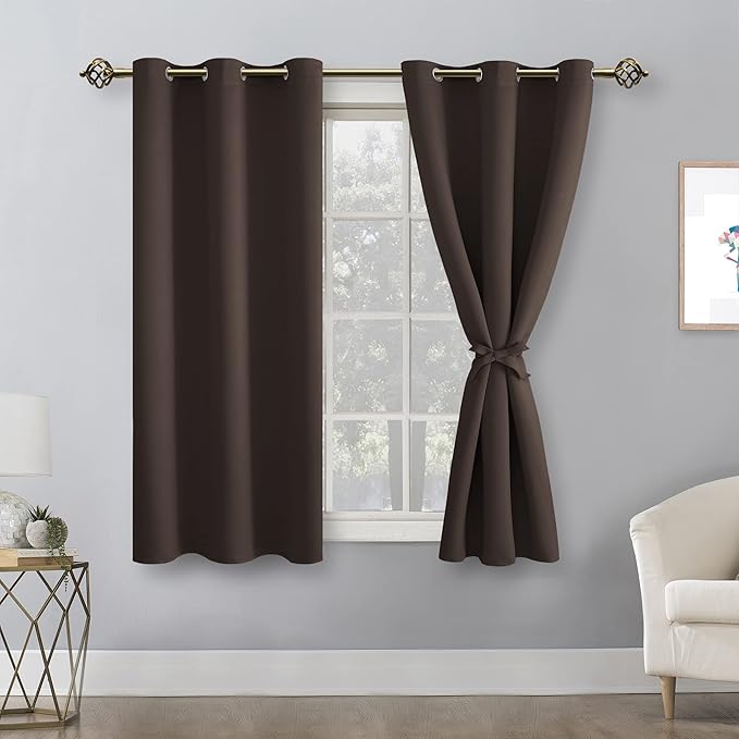 Hiasan Short Blackout Curtains for Bedroom - Thermal Insulated & Light Blocking Window Curtains for Living Room, 2 Drape Panels Sewn with Tiebacks, Brown, 42 x 45 Inch - Image 2