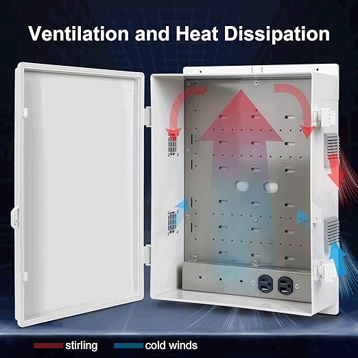 Outdoor Electrical Junction Box with High Power Outlet, ABS Water Resistant Enclosure with Internal Mounting Panel & Hinged Cover. (18.1" H* 12.6" L* 6.3" W & Outlet) - Image 4
