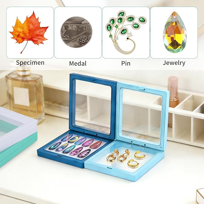 20 Pcs 3D Floating Display Case 4.3x4.3x0.8inch, Challenge Coin Display,Transparent PE Jewelry Storage Box,Floating Display Holder Stands for Antique Challenge Coins Medallion Stamps(Blue Green White) - Image 6