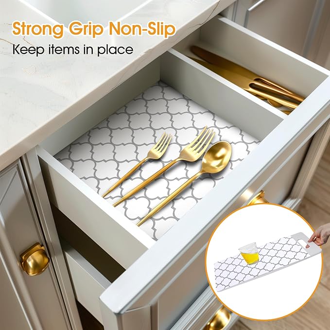 Shelf and Drawer Liner for Kitchen Cabinets Non-Adhesive, Strong Grip Non-Slip Thickened Cabinet Liners for Shelves, Waterproof Mats for Dresser Cupboard, White/Gray, 12 in x 30 Feet - Image 2