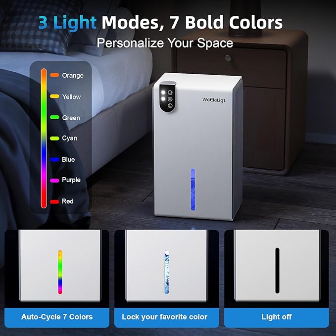 Dehumidifier for Home (85 OZ, 1000 sq ft) Small Dehumidifiers for Basement, Auto Shut-Off, Sleep Mode, 7 Color Light, Quiet Dehumidifier for Bedroom, Bathroom, Living Room with Drain Hose(White Grey) - Image 6