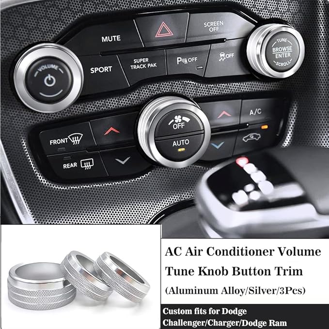Auprite Climate Control Knob Covers for Challenger Accessories 2015-2023 2024, for Dodge Charger 2015-2023 2024, for Dodge Chrysler 300/300s 2015-2024,3Pcs Kit (Silver) - Image 2