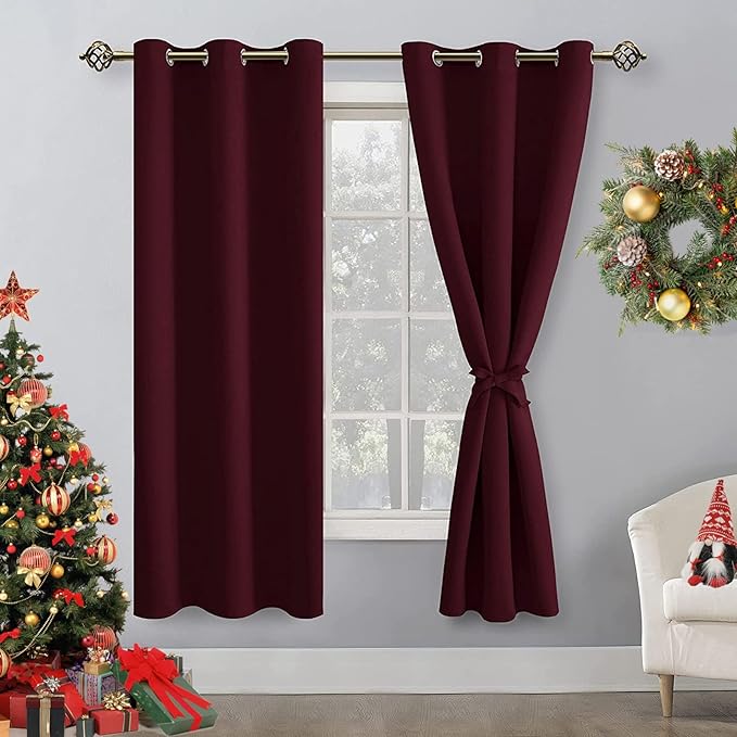 Hiasan Blackout Curtains for Bedroom, 42 x 72 Inches Long - Thermal Insulated & Light Blocking Window Curtains for Living Room Christmas Decor, 2 Drape Panels Sewn with Tiebacks, Burgundy by Hiasan