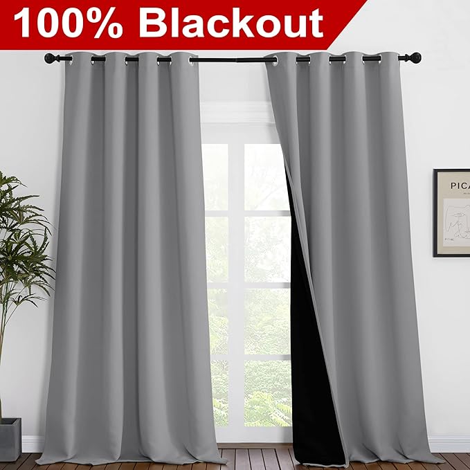 NICETOWN Total Shade Curtains and Draperies, Heavy-Duty Full Light Shading Drapes with Black Liner Backing for Villa/Hall/Dorm Window（Silver Grey, Package of 2 Panels, 55 inches Wide x 96 inches Long - Image 2