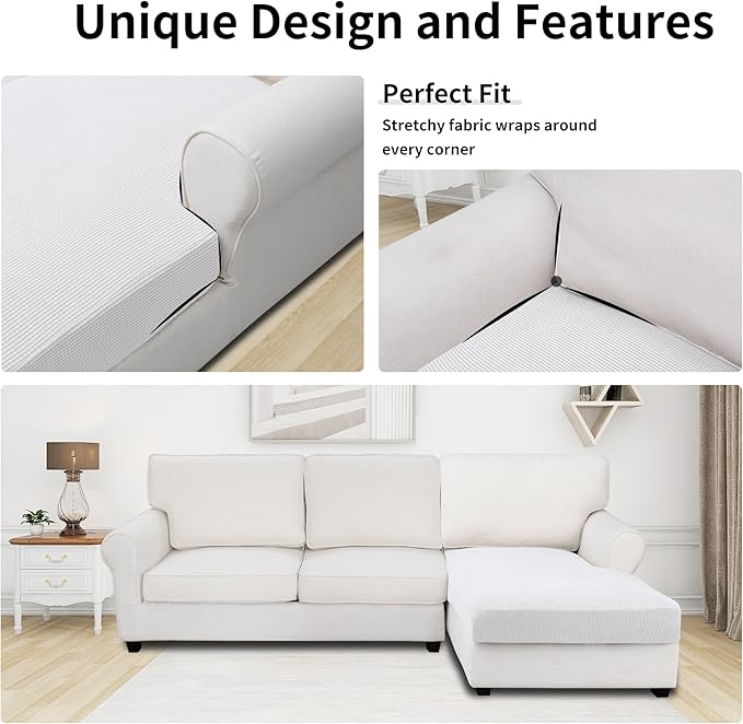 Easy-Going Stretch Sectional Couch Covers 1 Piece Chaise Lounge Slipcover L Shape Separate Cushion Couch Seat Chaise Cover for Both Left/Right Sectional Couch Snow White - Image 3