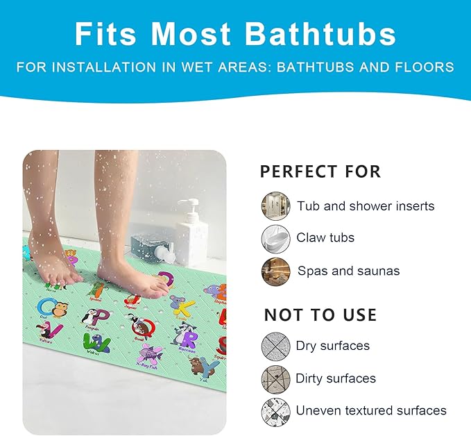 XIYUNTE Baby Bath Mat for Tub Non Slip Kids Bath Mat - 40''x16'' Extra Long Cartoon Bathtub Mat Non Slip Kids Shower Mat Eco-Friendly Toddler Bath Mats with Suction Cups, Machine Washable - Image 6
