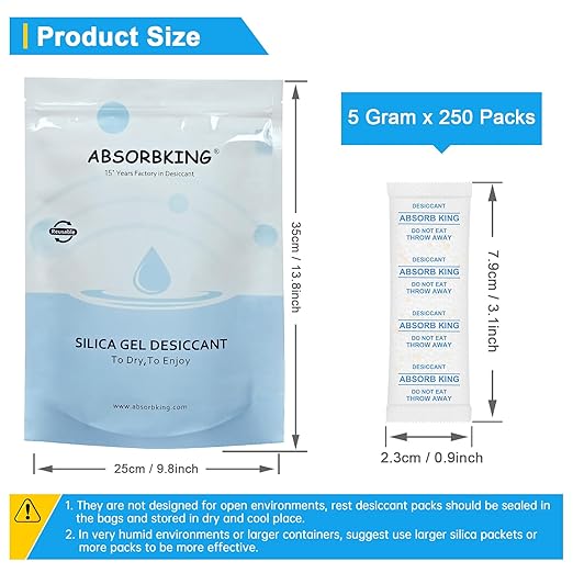 Moisture Absorbers – 250 Packs 5 Gram Silica Gel Packs Food Grade Desiccant Packs, Premium Desiccant Packets for Storage, Color Indicating Silica Gel for Spices, Jewelry, Shoes, Electronics, Tool Box - Image 2