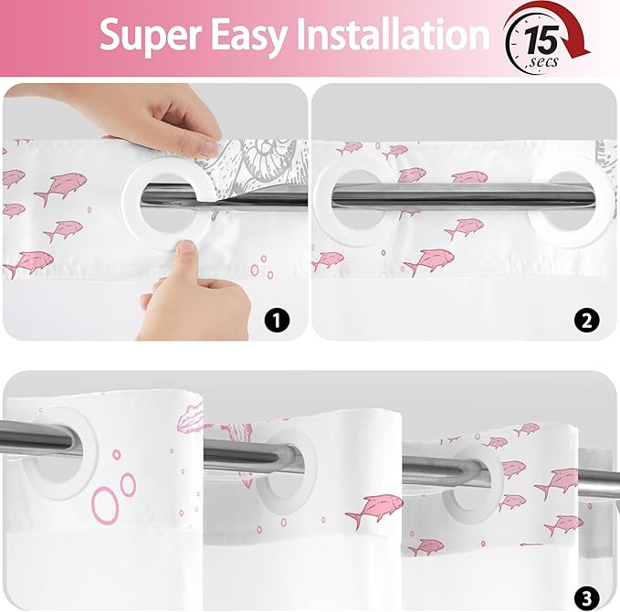 No Hook Shower Curtain with Snap in Liner, Beach Ocean Nautical Coastal Shower Curtains and Liner Set for Bathroom, Seashell Hotel Fabric Bath Curtain, Waterproof Washable, Pink 71" x 74" - Image 5