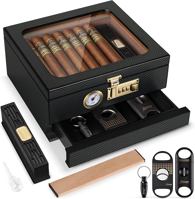 Cigar Humidor, Cedar Wood Humidor Cigar Box, Glass Top Desktop Humidor with Front Hygrometer, Humidifier, Divider, Accessories Drawer and Combination Lock, Cigar Gifts for Men (Carbon Black) by Tesonway