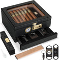 Cigar Humidor, Cedar Wood Humidor Cigar Box, Glass Top Desktop Humidor with Front Hygrometer, Humidifier, Divider, Accessories Drawer and Combination Lock, Cigar Gifts for Men (Carbon Black) by Tesonway