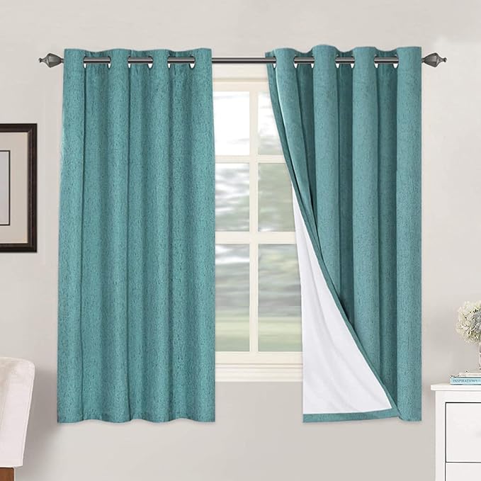 H.VERSAILTEX Linen Blackout Curtains 63 Inches Long 100% Absolutely Blackout Thermal Insulated Textured Linen Look Curtain Draperies Anti-Rust Grommet, Energy Saving with White Liner, 2 Panels, Teal by HVERSAILTEX