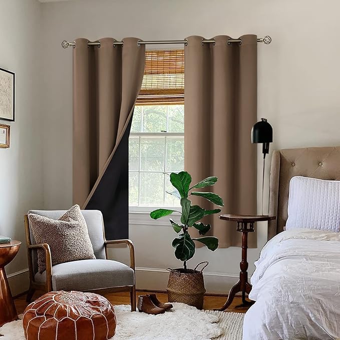 BGment Thermal Insulated 100% Blackout Curtains for Bedroom with Black Liner, Double Layer Full Room Darkening Noise Reducing Grommet Curtain (42 x 72 Inch, Taupe, 2 Panels) - Image 2