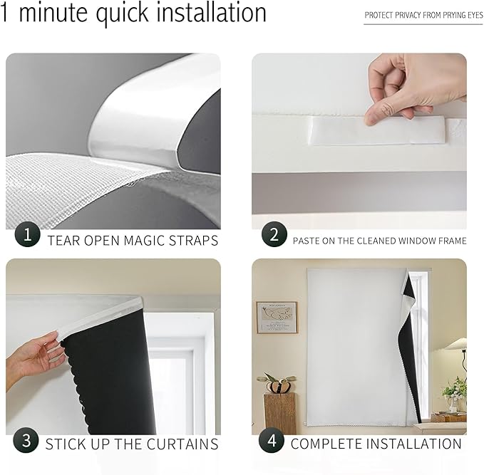 Adhesive Curtain 100% Blackout No-Drill Easy Install for Bedroom Blinds Light Blocking (White-59 W x 63" L-1P) - Image 2
