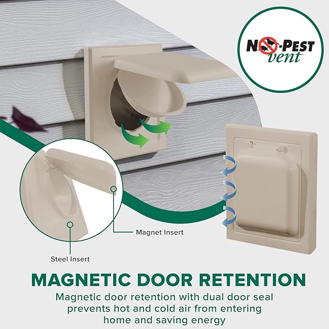 NO-PEST VENT, Exclusive Dual Door Dryer Vent Cover Outdoor 4 inch with Collar, Made in USA w Highest UV Resistant Plastic in any Outdoor Vent Cover (Tan, 4" Plastic WIth Collar) - Image 6