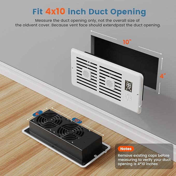 Ideashop Quiet Register Booster Fan Fits 4" x 10" Register Holes, Improves Heating & Cooling AC Vent Booster Fan, Smart Vent 10-Speed Adjustable with Thermostat & Remote Control, for Wall and Floor - Image 4