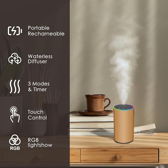 Waterless Essential Oil Diffuser, Battery Powered Mini Scent Air Machine, Aromatherapy Mist Diffuser for Home Room Car Office (Gold) - Image 4