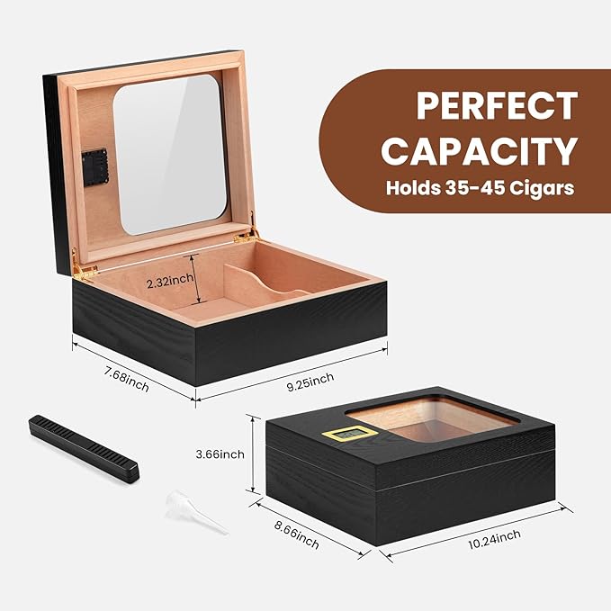 Cigar Humidor, Modern Glass Top Cedar Humidor Cigar Box with Digital Hygrometer, Humidifier, Divider, Handmade Cigar Case Holds 35-45 Cigars, Cigar Accessories for Men - Image 2