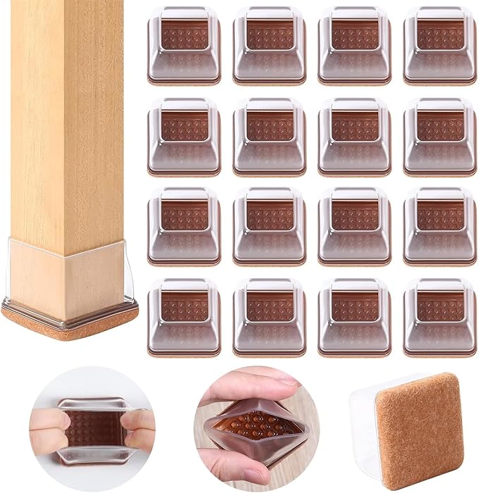 Ezprotekt 24 Pcs Clear Square Chair Leg Floor Protectors with Felt, Silicone Felt Furniture Pads for Hardwood Floor, Dining Table Leg Caps Covers No Scratches and Noise (L Fit: 1" - 1.4") by VisittheEzprotekt