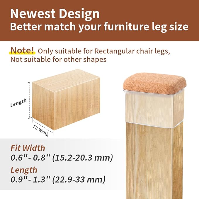 Ezprotekt 24 Pcs Rectangle Clear Felt Chair Leg Floor Protectors Caps for Hardwood Floors, Rectangle Silicone Felt Furniture Pads Cups for Chair Table Desk (Fit W :0.6-0.8", L: 0.9-1.3") - Image 2