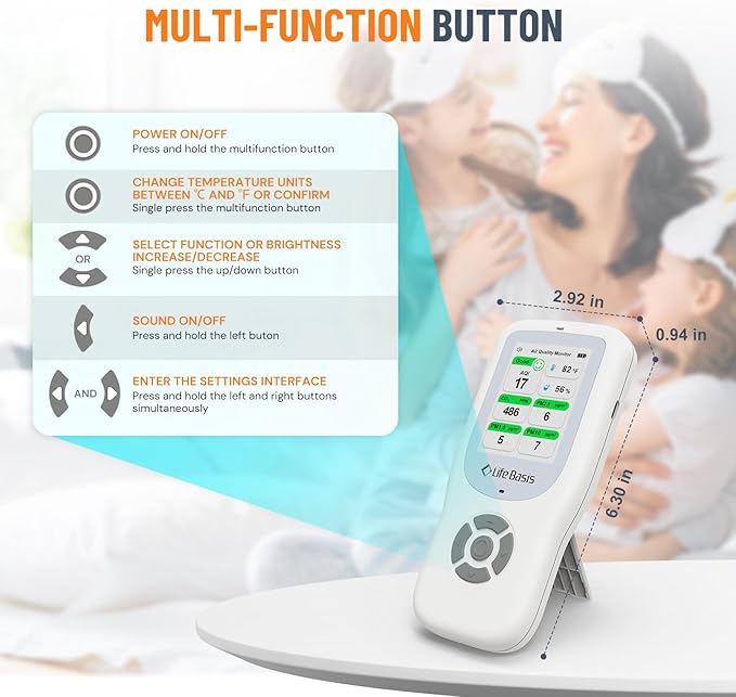 LifeBasis Air Quality Monitor Indoor, 10-in-1 Air Quality Detector with Stand, Real-Time Air Meter Test AQI, PM1.0, PM2.5, PM10, CO2, TVOC, HCHO, Particles, Temperature and Humidity with Alert -White - Image 6