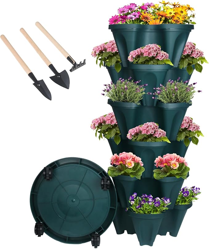 GameXcel Vertical Planter 6 Tier Stackable Planters Garden Planters Strawberry Herb Flower and Vegetable Planter Indoor Outdoor Gardening Pots with Removable Wheels and Tools by GameXcel