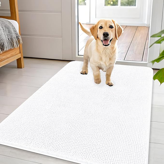 OLANLY Dog Door Mat for Muddy Paws 44x32, Absorbs Moisture and Dirt, Absorbent Non-Slip Washable Doormat, Quick Dry Chenille Mud Mat for Dogs, Entry Indoor Entryway Carpet for Inside Floor, White by OLANLY