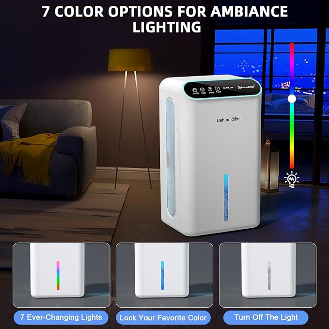 Dehumidifiers for Home, Up to 800 Sq.ft, 86oz Water Tank, Dehumidifiers for Bedroom with Essential Oil Diffuser, 7 Color LED Light, 24H Timer, Auto Shut-off, Ideal for Bathroom Basement Closet RV - Image 7