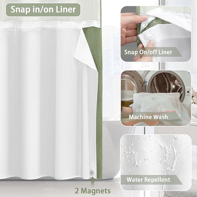 No Hook Shower Curtain and Liner Set,Sage Green Hotel Waffle Shower Curtain with Liner 75" L x 72" W,White Ring - Image 4