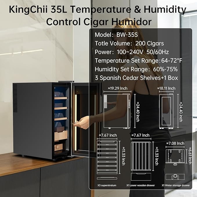 KingChii Upgrade 35L Electric Temperature & Humidity Control Cigar Humidor, Built-in Humidification System with Spanish Cedar Wood Shelves & Drawer Hygrometer Father's Day Gifts For Men(250 Capacity) - Image 6