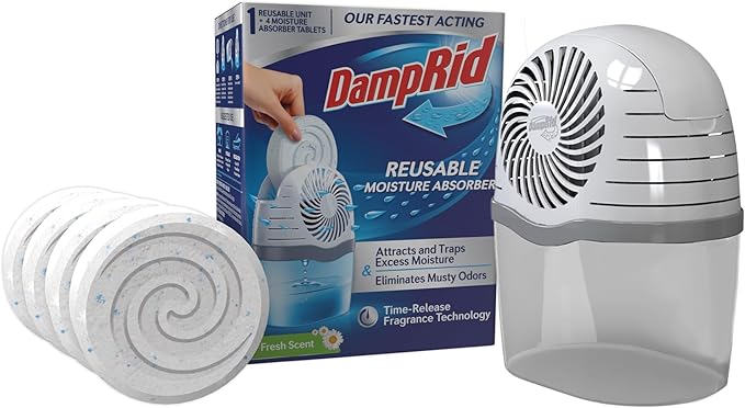 DampRid Reusable Moisture Absorber with 4 Drop-In Tablets, Fresh Scent, 15.8 oz., Attract and Trap Excess Moisture & Eliminate Musty Odors for Cleaner, Fresher Air by DampRid