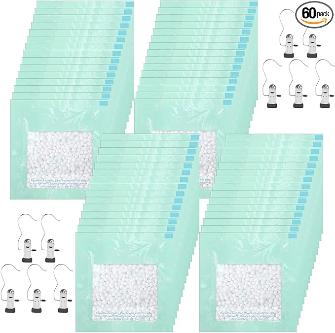 60 Pack Moisture Absorbers Dehumidifier Bags for Closet with 10 Pcs Hanging Hooks Clips Humidity Absorbers Deodorizer Unscented Humidity Absorber in Wardrobes for Bedroom Bathroom Kitchen by Threlaco