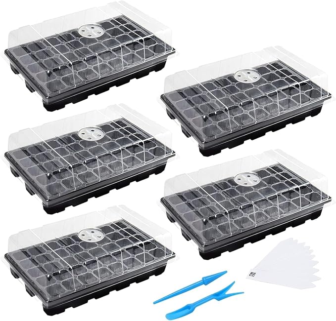 MIXC Seedling Trays Seed Starter Tray, 5-Pack Mini Propagator Plant Grow Kit Greenhouse with Humidity Vented Domes and Base for Seeds' Starting (40 Cells Per Tray, Total 200 Cells), Black by MIXC