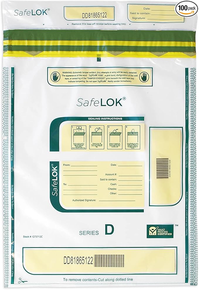 ControlTek SafeLok 12" x 16", Clear, 100 Bags, Tamper-Evident Deposit Bags, Cash Currency Handling & Valuables, Moisture, Heat, Cold Detection, Tear-off Receipt + Large Barcodes 585093 by ControlTek