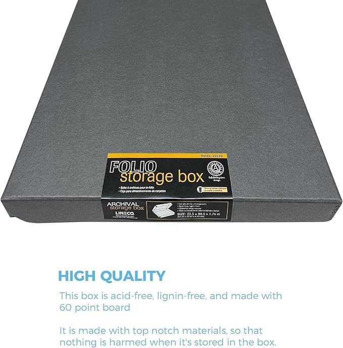 Lineco Folio Storage Box, Clamshell Design with Metal Edge. 23.5x30.5x1.75 in, Archival Boxboard, Organize and Preserve Photos, Prints, Cards, Magazines, Documents, Art, Ephemera, Family Records, Gray - Image 5