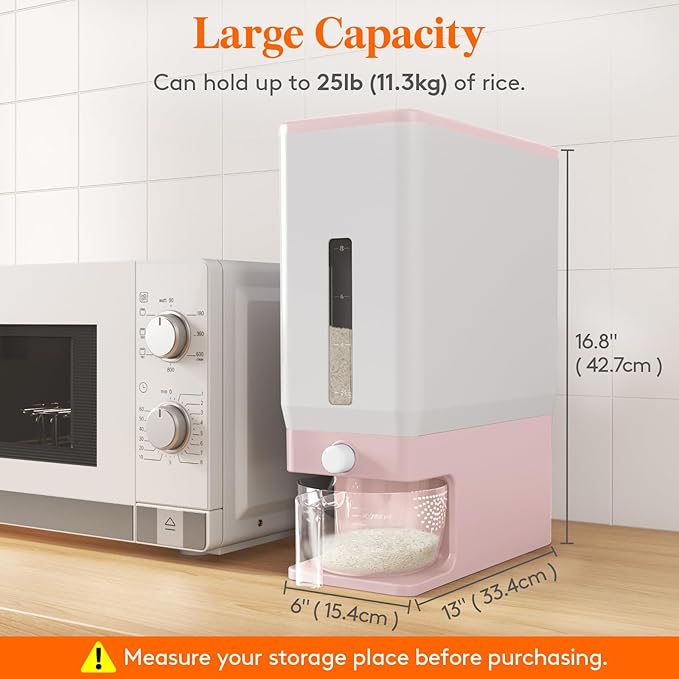 Lifewit Rice Dispenser 25 Lbs(11.3kg), Rice Storage Container Sealed Moisture Proof with Measuring Cup for Kitchen Pantry Household, BPA-Free, 1 Pack Pink - Image 3