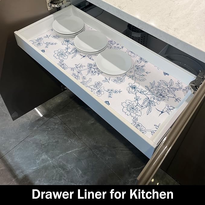 White and Blue Non-Slip Shelf Liner,16IN x 10FT Non-Adhesive and Strong Non-Slip Floral Shelf Cabinet Drawer Liners for Kitchen, Waterproof Cupboard Liners,Easy to Clean - Image 4
