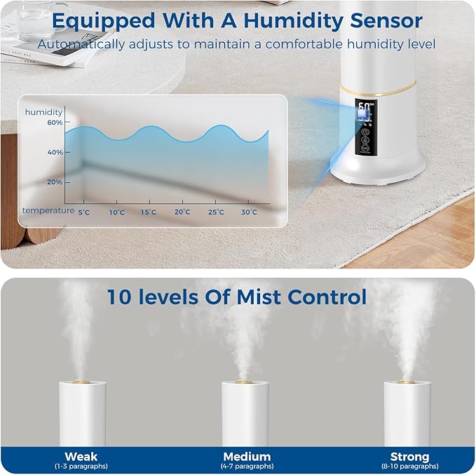 Humidifier Large Room,2.4Gal Cool Mist Humidifiers for Bedroom 9L High Capacity 24dB Quiet Air Humificador fit Removable Water Tank 360° Adjustable, Top Fill & Easy Clean with Remote Control （White） - Image 6