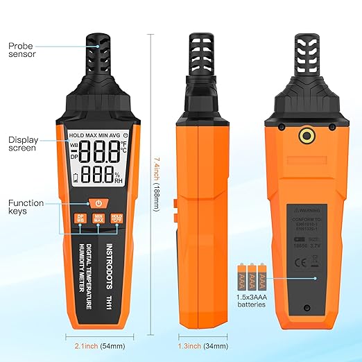 Temperature Humidity Meter, High Precision Digital Hygrometer with Ambient, Dew Point, Wet Bulb Temperature for Indoor Outdoor, Thermometer with Min/Max, Data Hold, LCD Backlight, TH11 - Image 7