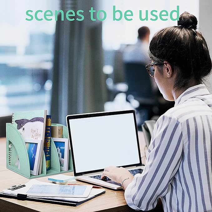SAYEEC Sturdy Magazine Holder 4 Compartments Plastic Desktop File Organizer File Dividers Office Organizer Storage Document Magaizne Rack Display Box (Green) - Image 5